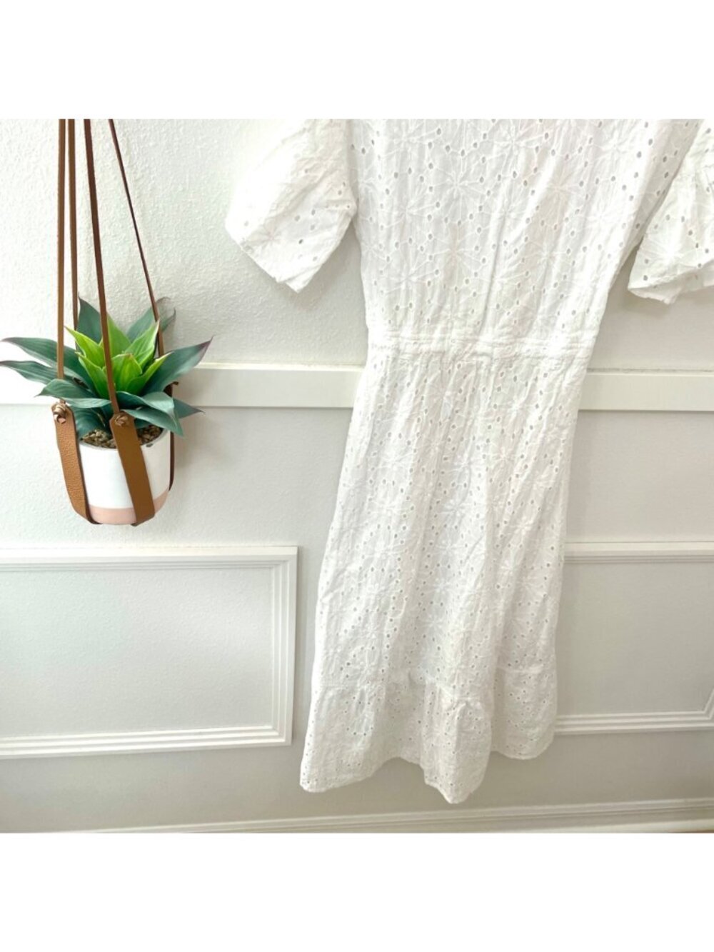 Dress Nado White Eyelet Tie Waist Midi Dress Size M Short Sleeve - Picture 7 of 8